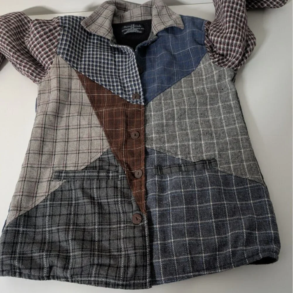 Sacred Threads Patchwork Plaid Jacket Womens Size Small/Medium Gray Fleece Lined